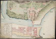 Plan of Elmina 1799, with bridge over the Benya, Fort Conraadsburg, the "gardens" and houses on the North Peninsula Bergeman - Elmina (1799).png