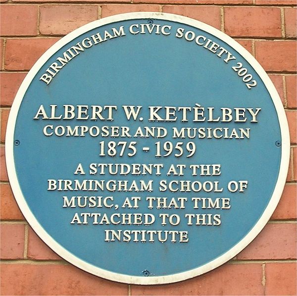 Blue plaque on the current institute building, commemorating Ketèlbey's time as a student of the school of music