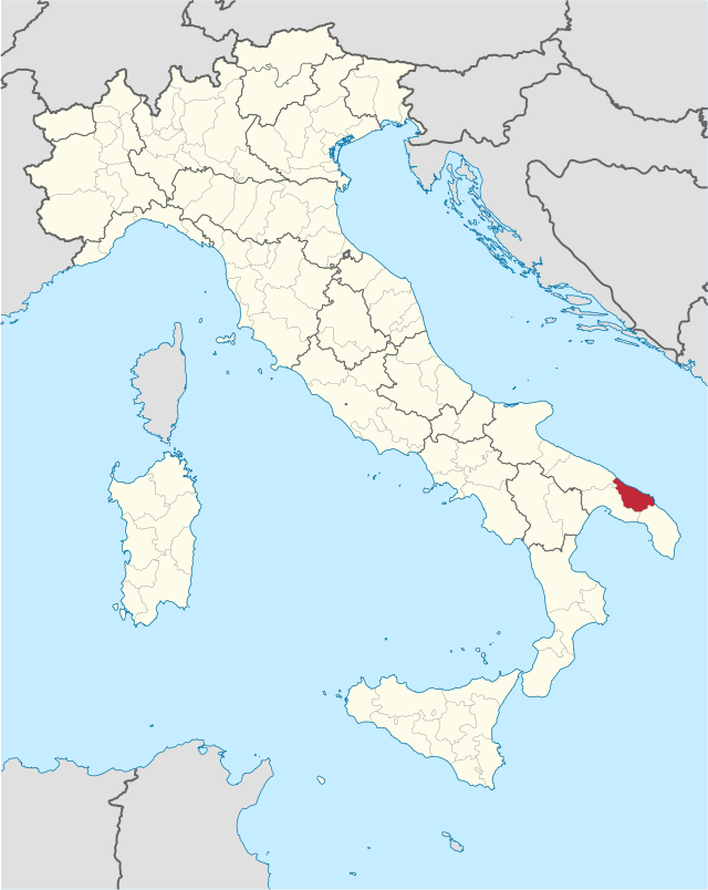 Karta över Italien med Provincia di Brindisi markerat