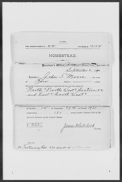 File:Broken Bow Land Office (Nebraska), Homestead Final Certificate No. 22 - John T Moore, September 6, 1890 - DPLA - a8f1b0eb6720d2db1291cebfb6ead7d6 (page 4).jpg