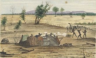 Fighting between Burke and Wills's supply party and Indigenous Australians at Bulla in 1861 Bulla Queensland 1861.jpg
