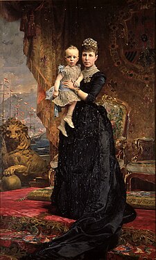 The Queen Regent Maria Christina of Austria and Alfonso XIII (1890), oil painting by Antoni Caba, Reial Academia Catalana de Belles Arts de Sant Jordi (Barcelona). Caba Reina (3).jpg