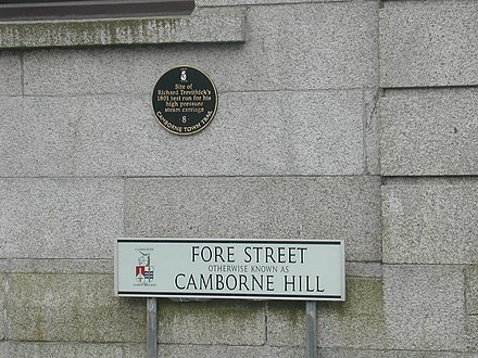 Camborne Hill street name and plaque commemorating Trevithick's steam carriage demonstration in 1801.