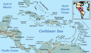 Modern map of the Caribbean. The Irish went to Barbados, Jamaica and the Leeward Islands. Caribbean general map.png