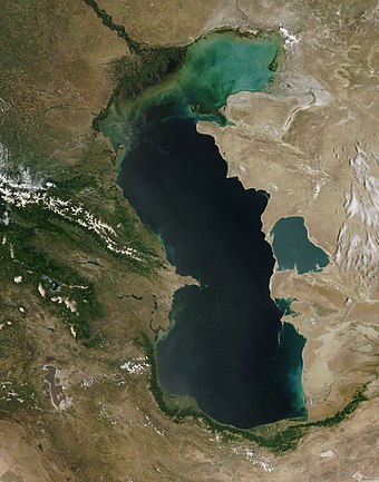 Eutrophication is apparent as increased turbidity in the northern part of the Caspian Sea, imaged from orbit.