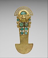 Ceremonial knife (tumi); 10th-13th century; gold, turquoise, greenstone & shell; height: 33 cm (1 ft. 1 in.); Metropolitan Museum of Art. This ceremonial knife may have been worn around the neck as a symbol of power and prestige. It bears the image of the 'Sican Lord', whose semi-circular headdress symbolizes a rainbow and the arc of heavem, its celestial identity affirmed by the birds adorning the knife's shaft