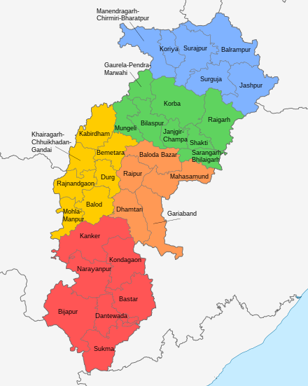 Districts of Chhattisgarh coloured by division: .mw-parser-output .legend{page-break-inside:avoid;break-inside:avoid-column}.mw-parser-output .legend-color{display:inline-block;min-width:1.25em;height:1.25em;line-height:1.25;margin:1px 0;text-align:center;border:1px solid black;background-color:transparent;color:black}.mw-parser-output .legend-text{}  Surguja divisionDetails  Bilaspur divisionDetails  Durg divisionDetails  Raipur divisionDetails  Bastar divisionDetails