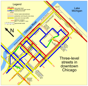 The multilevel streets in downtown Chicago