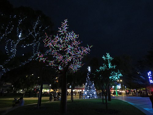 Christmas decorations by night at Rockingham Foreshore, Western Australia