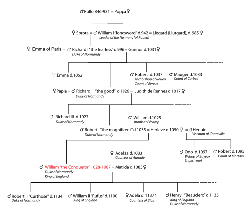 Family tree of the early dukes of Normandy and Norman kings of England Chronological tree of William I.svg