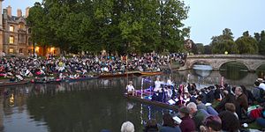 The Trinity College choir at Singing on the River 2016 Cmglee Cambridge Singing on the River 2016.jpg