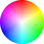 Color circle based on the HSV color space, showing all colors with a value (brightness) of 255 (100%). White is at the center, and fully saturated colors are at the outer edge. It is the circular face of the HSV "color cone".
