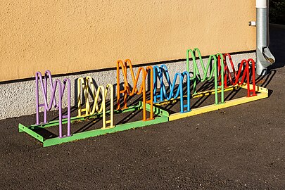 Colorful metal bicycle parking rack in Lysekil