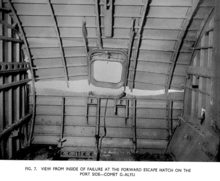 Image from the Cohen Inquiry Report showing fuselage failure under water pressure test of Comet 1 G-ALYU. Note intact escape hatch window frame Comet G-ALYU escape hatch failure.png