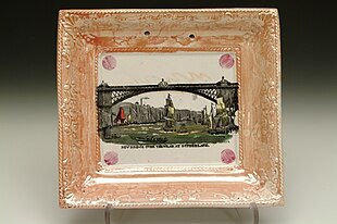 Commemorative plate showing the bridge as reconstructed in 1857 Commemorative plates Sunderland Museum and Winter Gardens (8096465856).jpg