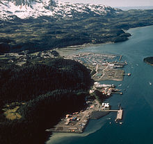 Southerly aerial view of Cordova, including the harbor area and Orca Inlet.