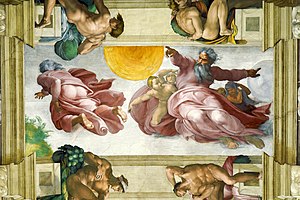 The Creation of the Sun, Moon, and Plants (1511), by Michelangelo, Sistine Chapel, Vatican. It presents a controversial nude of God, referenced in the book of Exodus (Exodus 33:18-23). Creacion del sol, luna y planetas.jpg