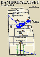 Översiktskarta över Damingpalatset med några viktiga byggnader utritade