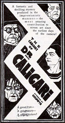 American newspaper ad for the German film The Cabinet of Dr. Caligari (1920) from the Goldwyn Pictures press book. Das Cabinet des Dr. Caligari (1920) - American Ad 1921.jpg