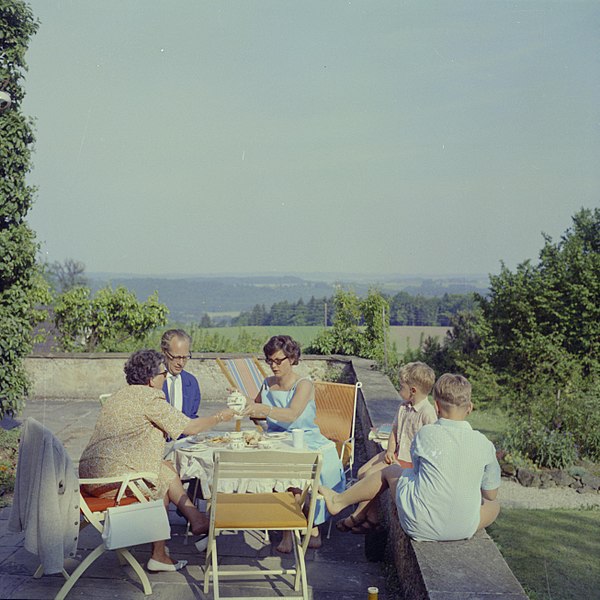 File:De familie Kreisselmeier op een terras met links Hildegard van de Poll-Eschen, Bestanddeelnr 254-4944.jpg