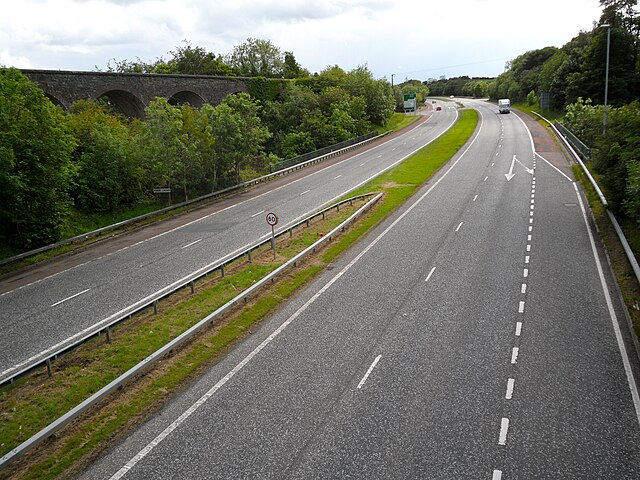 The A1 Dromore by-pass in 2011. The disused railway viaduct can be seen on the left
