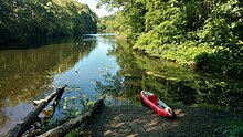 Inflatable canoe at a canoe launch on the Charles River, Massachusetts. Elm Bank canoe launch 213345 929.jpg