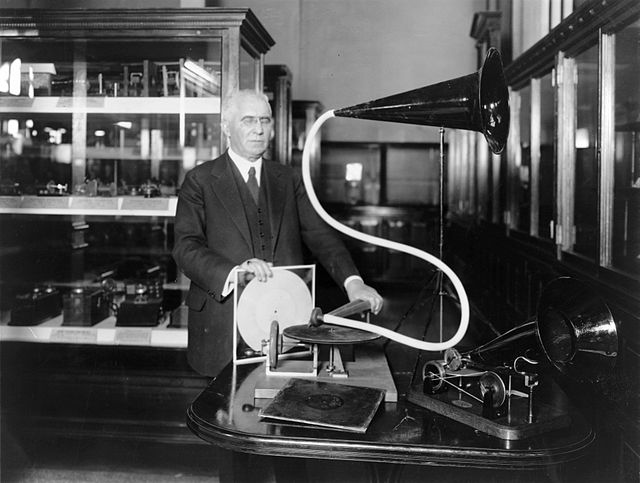 Emile Berliner with disc record gramophone