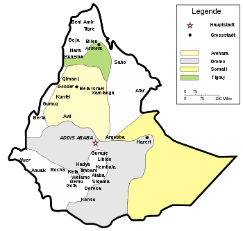 Répartition des peuples en Éthiopie en 1991 (l'Érythrée en faisant encore partie à cette date)