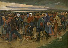The Emigrants (1896) by the Belgian artist Eugene Laermans Eugene Laermans - Landverhuizers (KMSKA) (center panel - Laatste blik).jpg