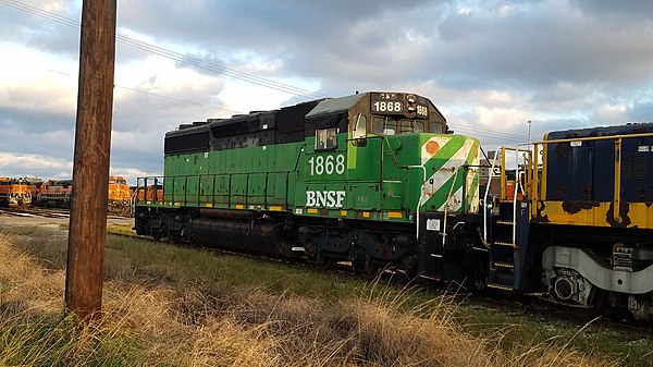 Ex. Burlington Northern BNSF SD40-2, sitting in Galveston, Texas, alongside many other locomotives.