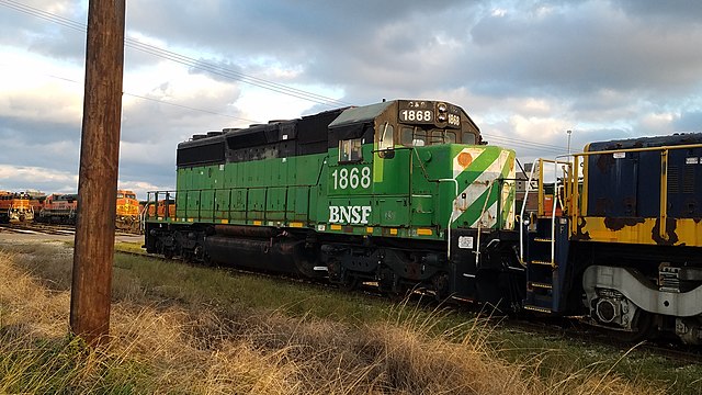 Ex. Burlington Northern BNSF SD40-2, sitting in Galveston, Texas, alongside many other locomotives.