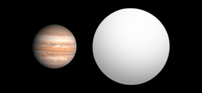 Comparison of the probable size of WASP-17b, an exoplanet in the constellation of Scorpius to Jupiter (on left) using approximate models of planetary radius as a function of mass Exoplanet Comparison WASP-17 b.png