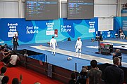 Deutsch: Fechten bei den Olympischen Jugend-Sommerspielen 2018: Tag 1, 7. Oktober 2018, Jungen, Säbel, Viertelfinale - Samuel Jarry (FRA) - Mazen Elaraby (EGY) 14:15 English: Fencing at the 2018 Summer Youth Olympics at 7 October 2018 – Boys' sabre Quarterfinals – Samuel Jarry (FRA) Vs Mazen Elaraby (EGY) 14:15