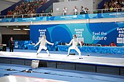 Deutsch: Fechten bei den Olympischen Jugend-Sommerspielen 2018: Tag 1, 7. Oktober 2018, Jungen, Säbel, Finale - Krisztián Rabb (HUN) - Hyun Jun (KOR) (USA) 15:13 English: Fencing at the 2018 Summer Youth Olympics at 7 October 2018 – Boys' sabre Gold medal match – Krisztián Rabb (HUN) Vs Hyun Jun (KOR) (USA) 15:13