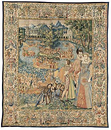 One of the Valois Tapestries, depicting entertainments at Fontainebleau in 1564, including the mock rescue of captive damsels from an enchanted island. Fontainebleau, from the Valois Tapestries.jpg
