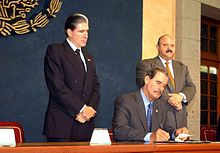 Secretary of Health of Mexico Julio Frenk with former President Vicente Fox and Reyes Tamez, Secretary of Education, in Los Pinos during the initialing ceremony of the National Institute of Genomic Medicine. Frenk Fox Tamez.jpg