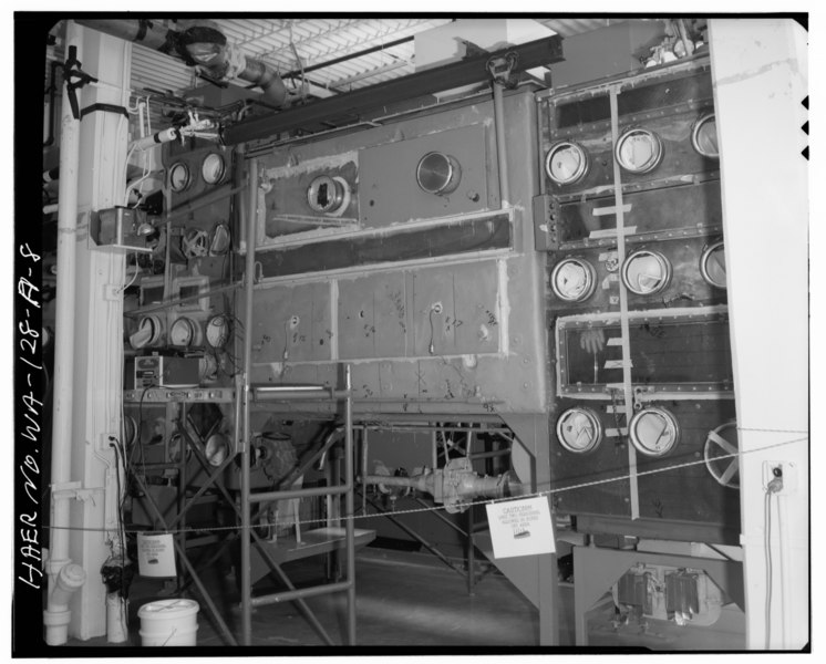 File:Front (east) side of incinerator and glove boxes. Ash canning hood to the left, combustion chamber in the middle, incinerator hood to the right. Looking west. - Plutonium HAER WASH,3-RICH.V,2A-8.tif