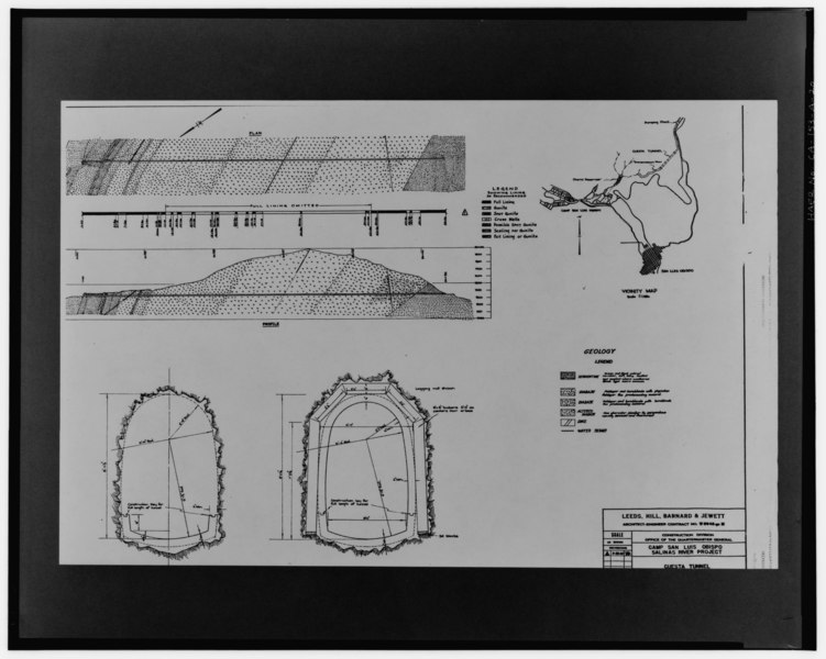 File:GEOLOGY, PLAN AND PROFILE, SHOWING LINED AND UNLINED SECTIONS, AND DETAILED TYPICAL CROSS SECTIONS. Leeds, Hill, Barnard and Jewett drawing, no number, revised 3-20-42. - HAER CAL,40-SANLO.V,1-20.tif