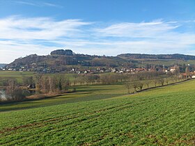 On the left the Gerzensee, in the middle the village and in the back the Belpberg