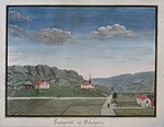 Fra nord. Rundt 1830 var hovedlåna okergul, mens sidebygningen fortsatt var rød