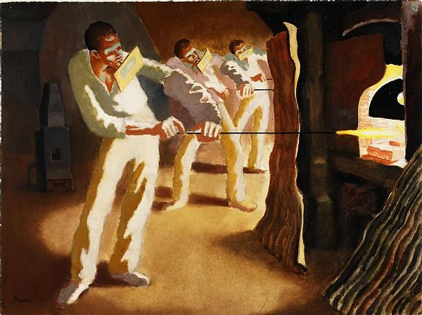 Glass-blowers "Gathering" from the Furnace (1943) (Art.IWM ART LD 2851)