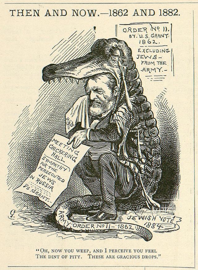 איור עיתונאי המציג את יוליסס גרנט מזיל "דמעות תנין", 1882