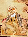 19th century painting depicting Guru Nanak wearing robe with Perso-Arabic inscriptions