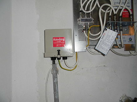 A cable television distribution box (left) in the basement of a building in Germany (Kabel BW network, now Vodafone), with a splitter (right) which supplies the signal to separate cables which go to different rooms