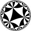 Tiling of the hyperbolic plane by triangles: π/5, π/6, π/6 Generated by Python code at User:Tamfang/programs.