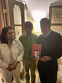 Sastri with friend N. Ram, editor-in-chief and owner of The Hindu, holding Jairam Ramesh's new biography of great-uncle Krishna Menon Hariram Sastri + N Ram.jpg