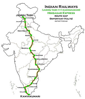Himsagar Express (Jammu Tawi–Kanyakumari) route map