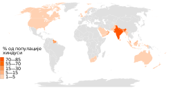 Hinduism percent population in each nation World Map Hindu data by Pew Research-sr.svg