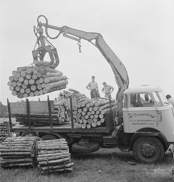 File:Houtopslagplaatsen, boomstammen, arbeiders, vrachtwagens, hijswerktuigen, takelw, Bestanddeelnr 253-4249.jpg