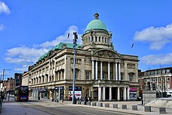 Hull City Hall, in Queen Victoria Square, Kingston upon Hull. The site is actually used as a concert hall despite its name - administrative work for Kingston upon Hull and the Lord Mayor is carried out in the nearby Guildhall.